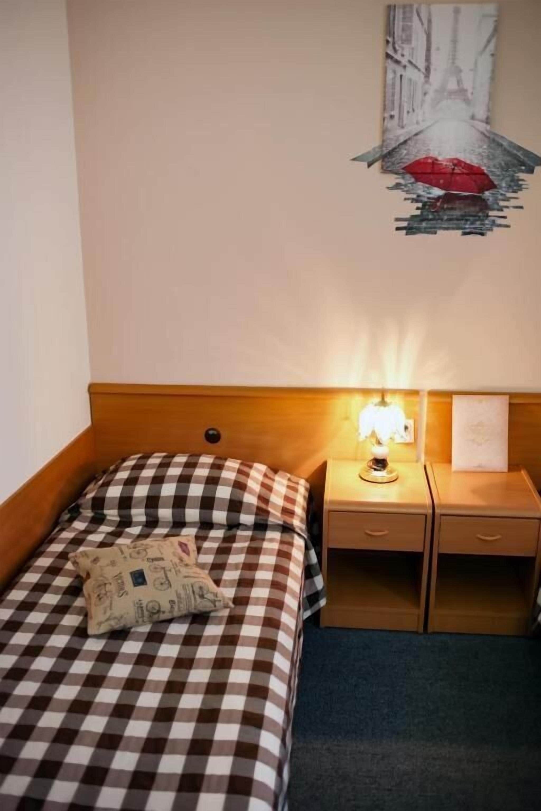 Habitación de hotel con colcha a cuadros, lámpara de noche, mesita de noche y una obra de arte colgada en la pared.