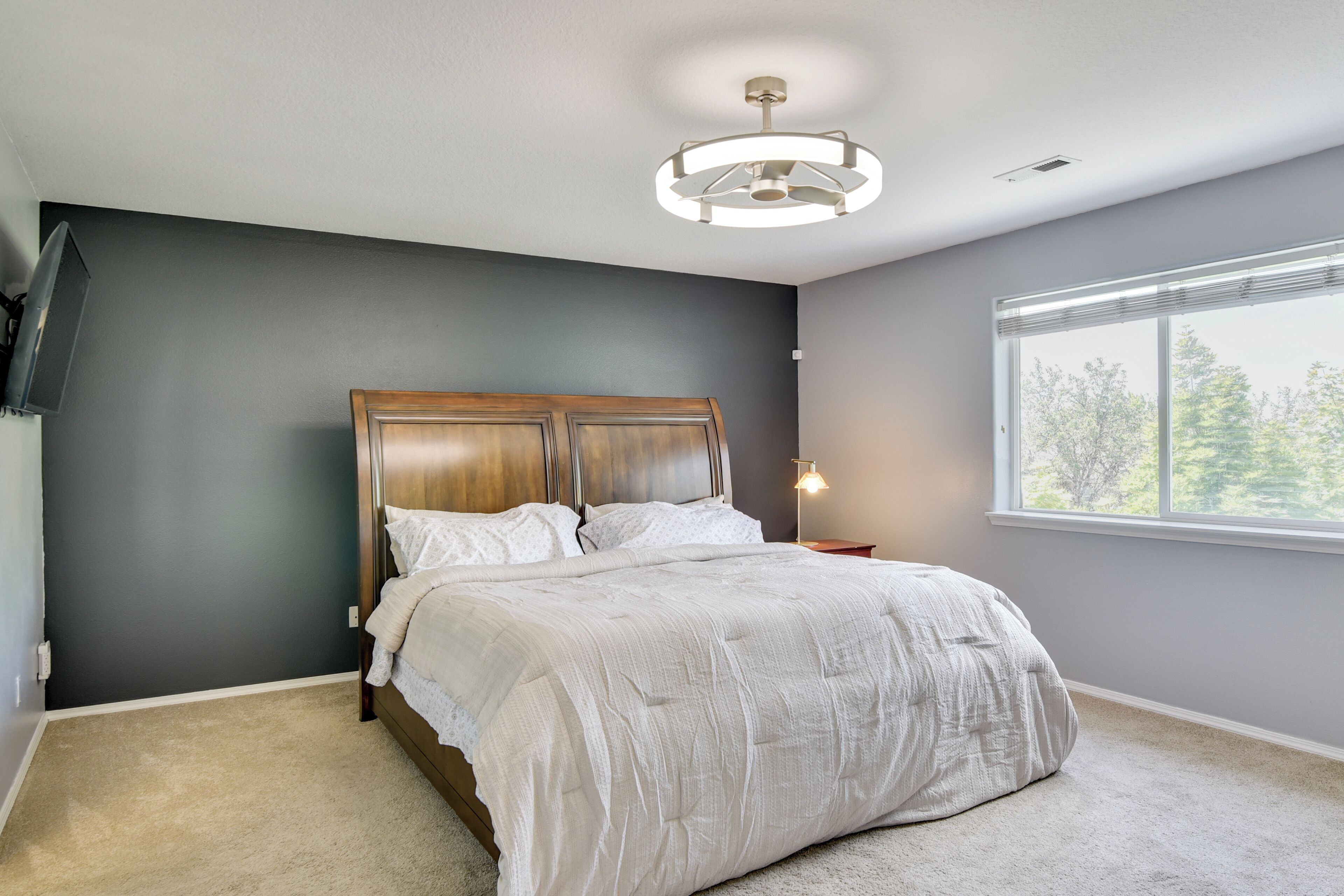 A bedroom with a bed, a nightstand, a lamp, a window with a view of trees, and a ceiling light fixture.
