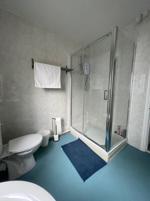 A bathroom with a glass-enclosed shower, a toilet, and a bidet. - Golden Triangle Rooms (Norwich)
