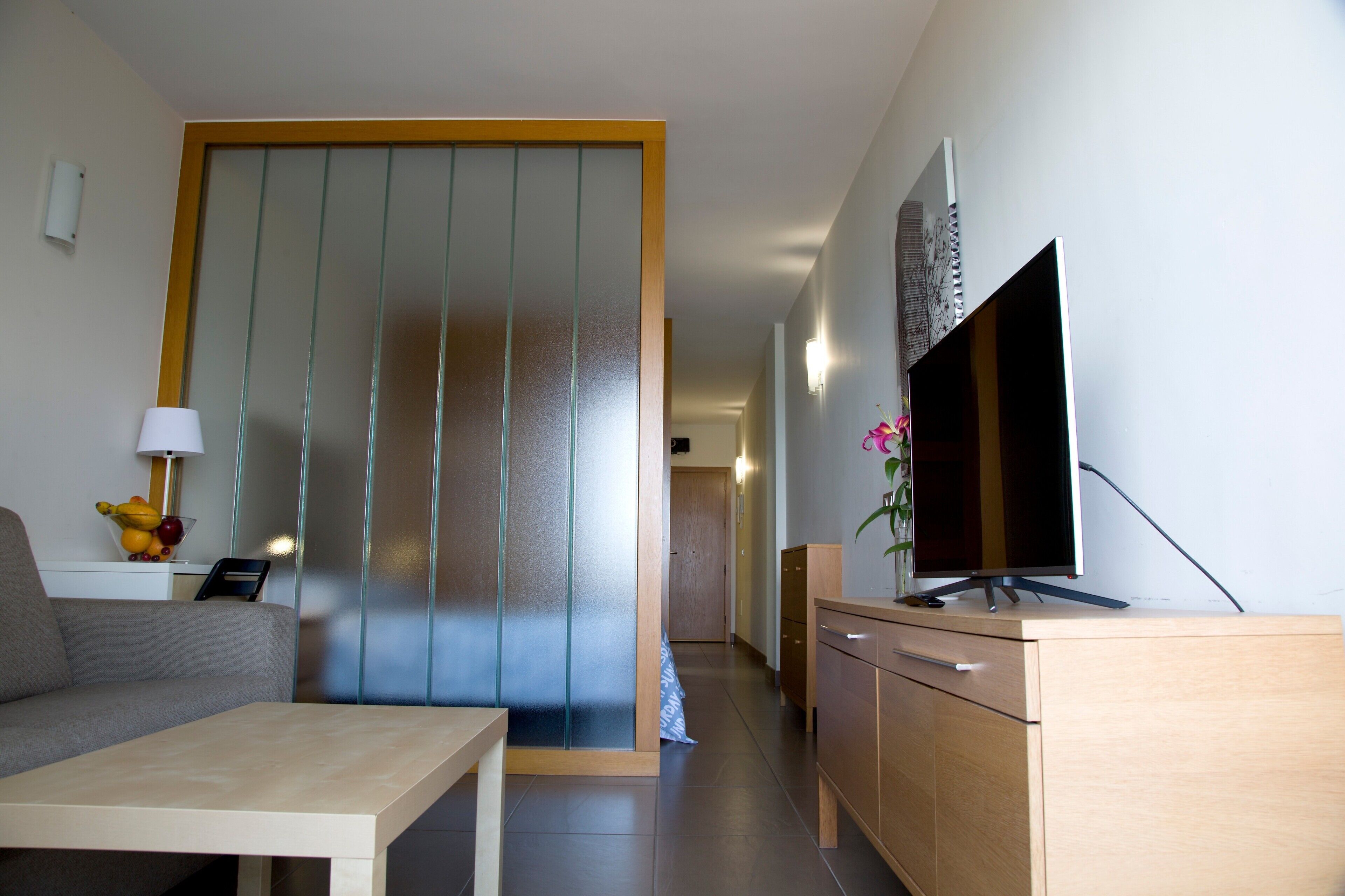 A modern living room with a sofa, a coffee table, a TV on a wooden cabinet, and a sliding glass door leading to a hallway.