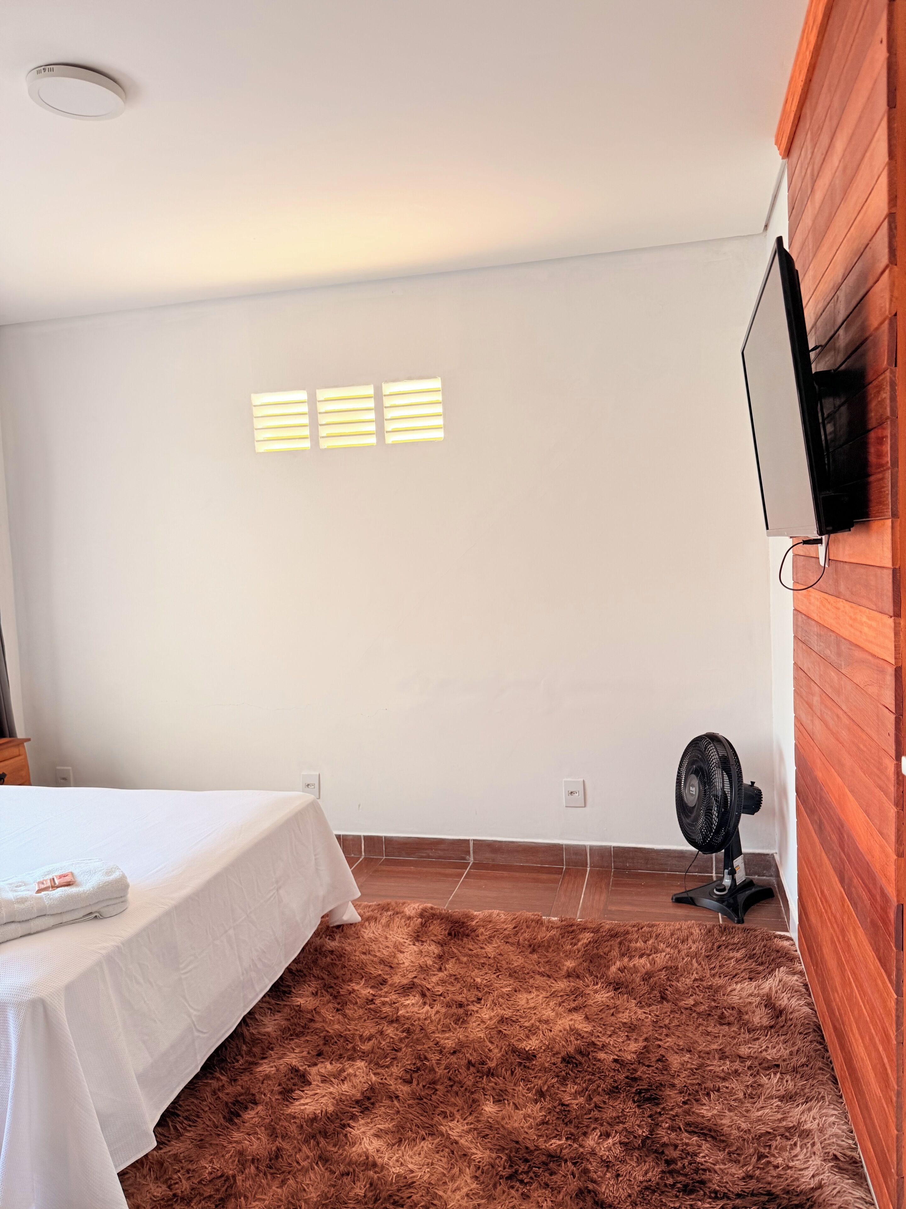 Quarto com uma cama, uma televisão fixada numa parede de madeira, um ventilador de chão e uma luminária de teto.