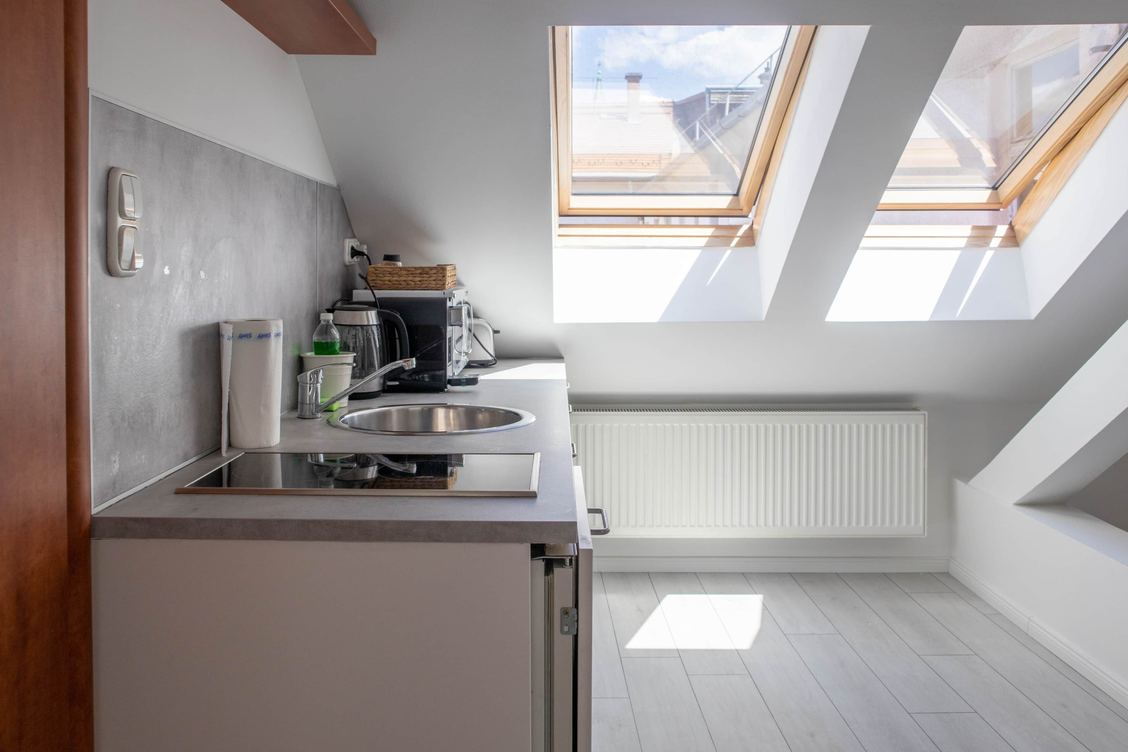 Een moderne keuken met dakramen, een inbouwoven en een radiator.