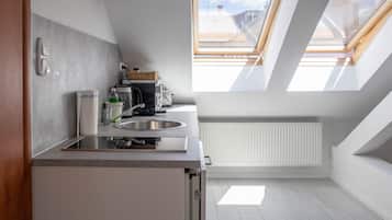 Een moderne keuken met dakramen, een inbouwoven en een radiator.