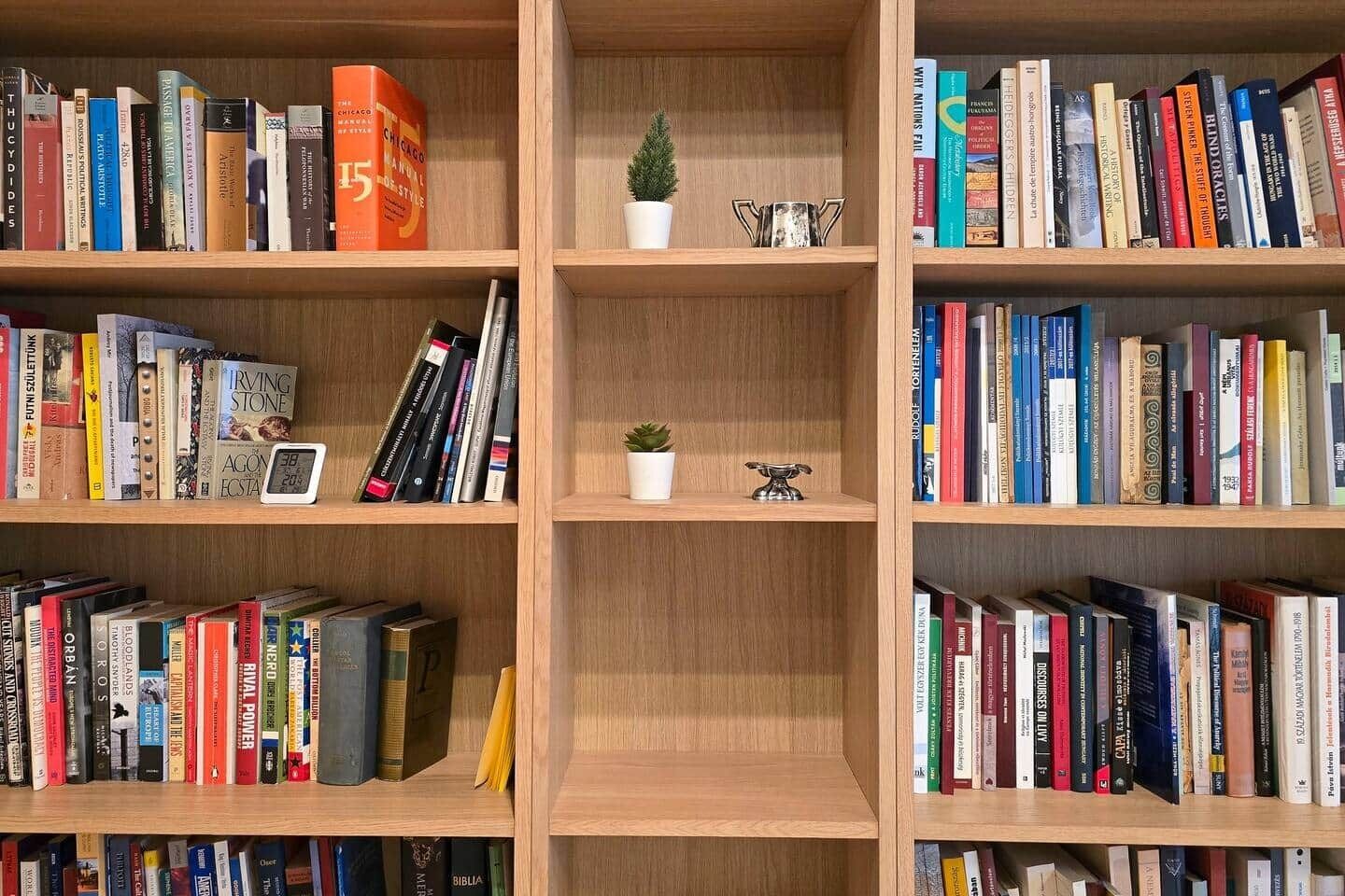 Una libreria con diversi ripiani pieni di libri.