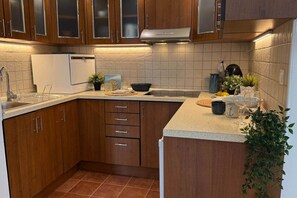 A kitchen with wooden cabinets, a white refrigerator, and a countertop with various items. - LB - Balaton Nova Apartment-Beachfront (Siófok)