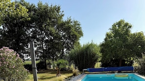 Ein Schwimmbad mit umgebender Rasenfläche und Bäumen.