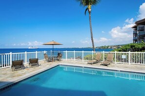 Ein Poolbereich mit Blick aufs Meer, eine Palme und ein weißer Zaun.