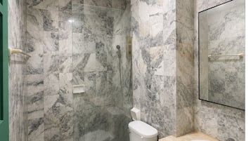 Shower, towels, soap, toilet paper