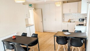 A modern kitchen with white cabinets, a microwave, and a sink. There are two dining tables with chairs.