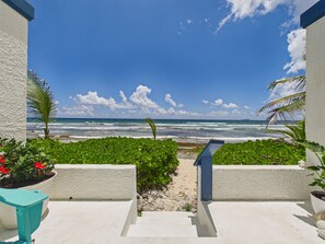 A pathway leading to a beach with a view of the ocean and palm trees. - SoulShine is oceanfront with beautiful sunrises and sunsets in St. Croix! (Christiansted)