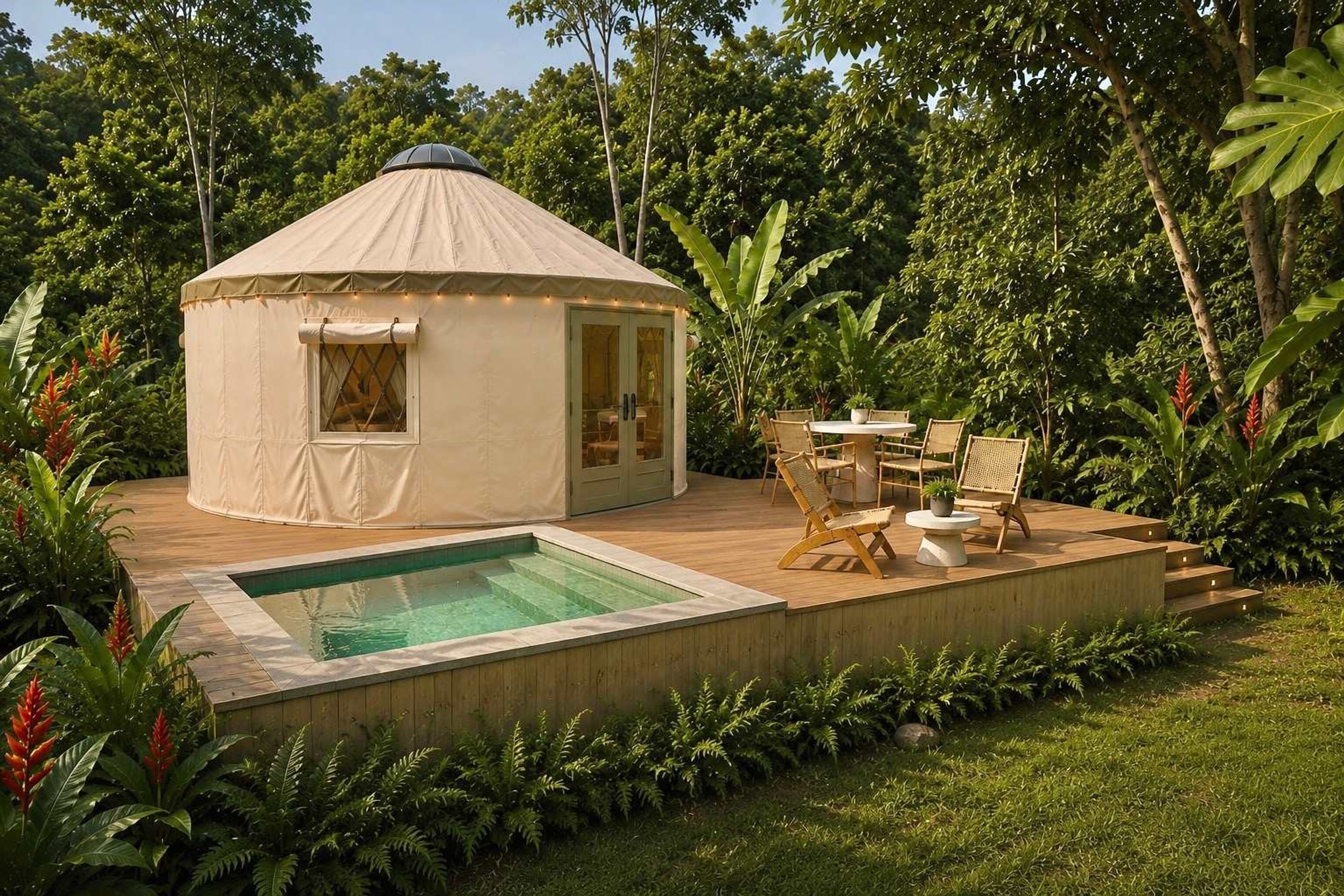 A yurt with a pool and outdoor seating.