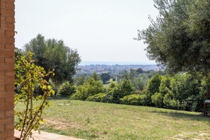 Eine grüne Wiese mit einer Backsteinmauer links und Blick auf eine Stadt in der Ferne.