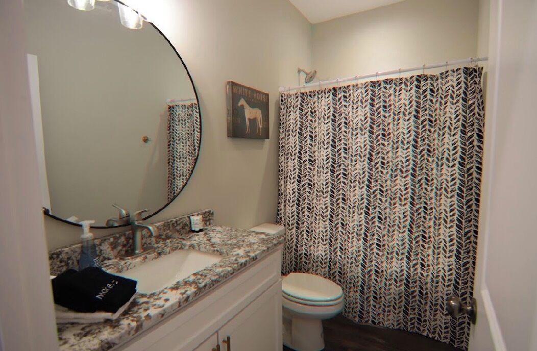 A bathroom with a sink, toilet, and shower curtain.