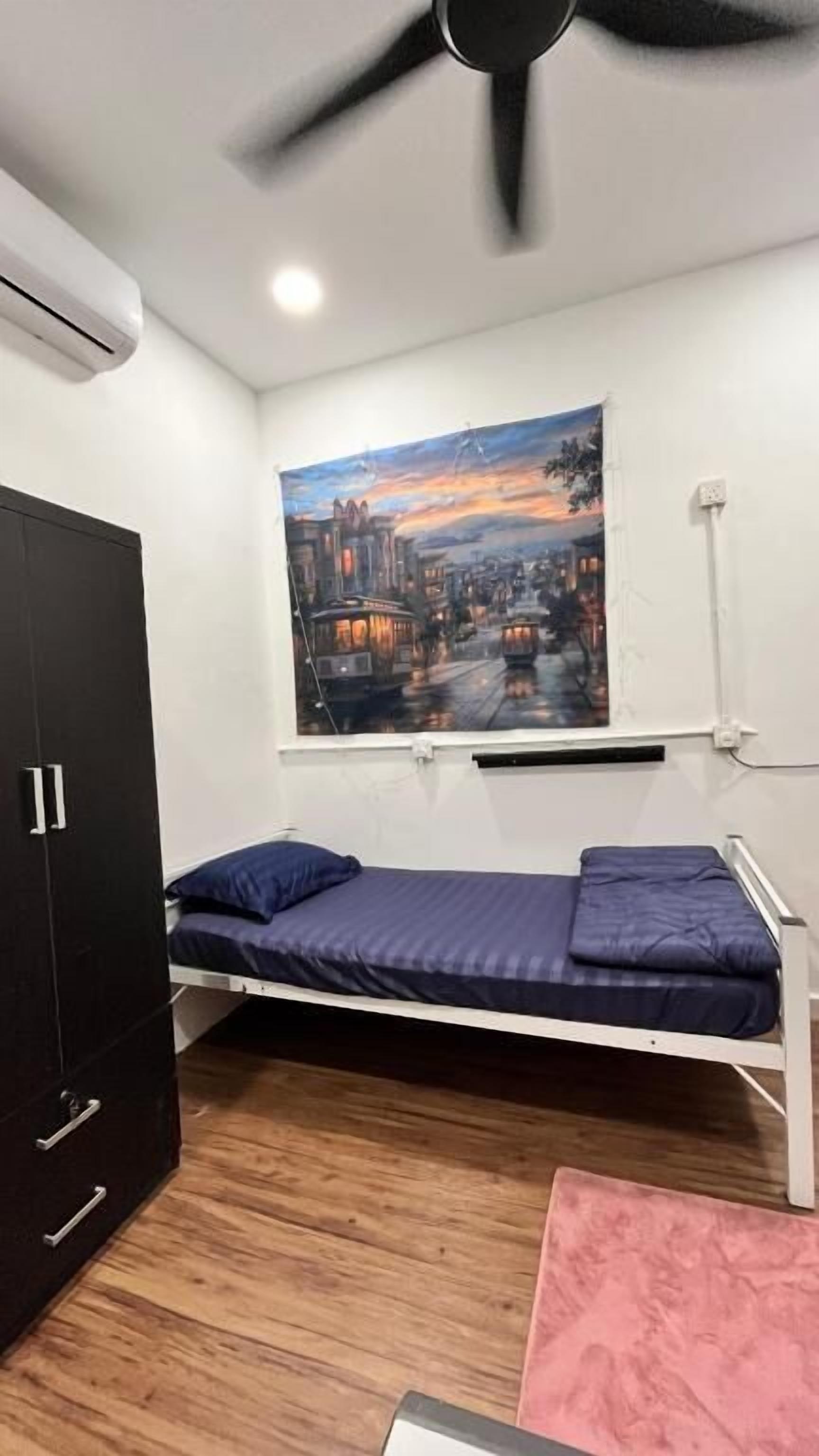 Una cama individual con cabecera, un armario negro y un cuadro en la pared.