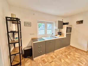 A compact kitchen with a window, a sink, a stove, and a shelf unit. - Vetera Apartment with Mountain View, Private Terrace & Wi-Fi (Bendorf)