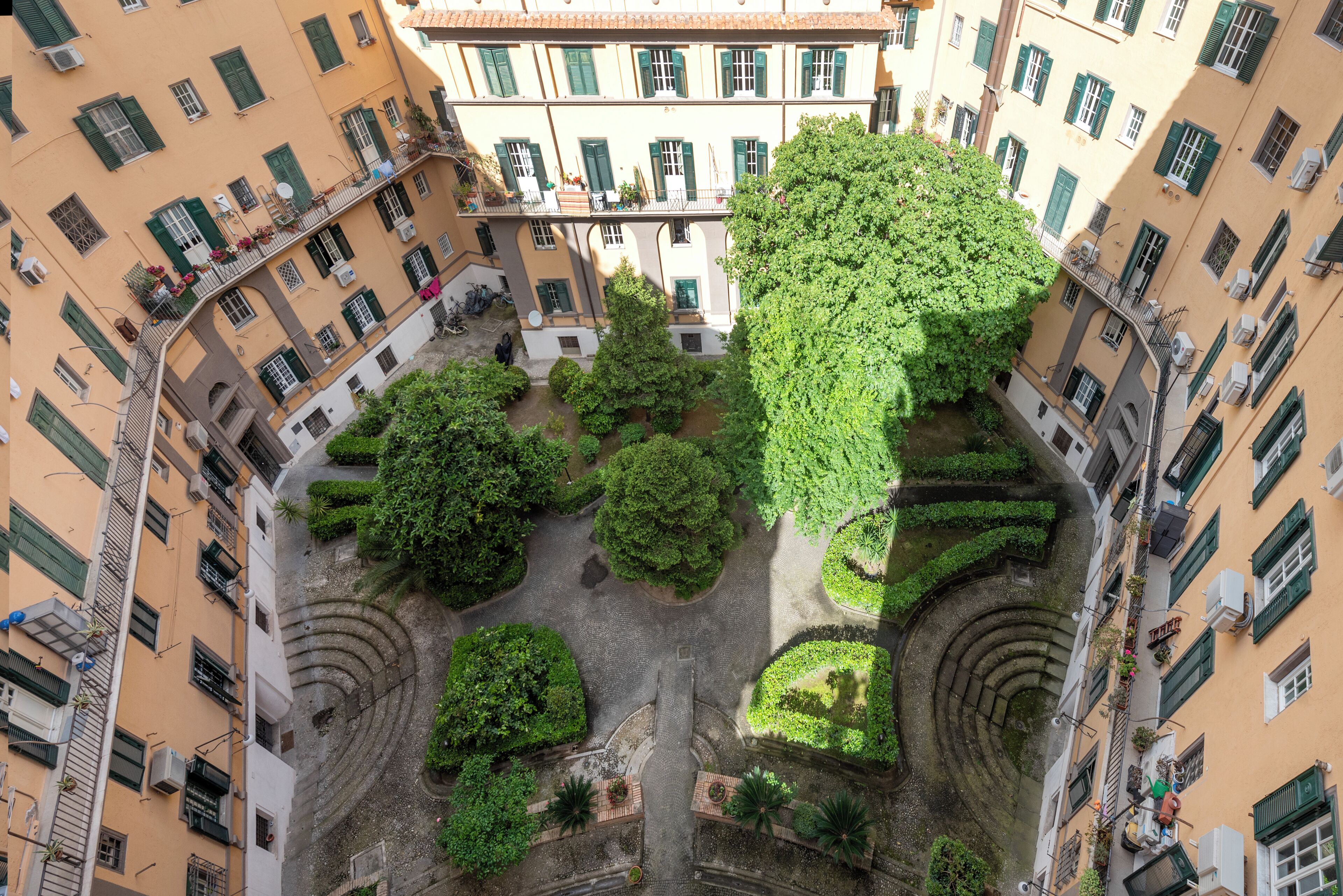 A courtyard with a central tree surrounded by greenery, buildings with balconies, and a cobblestone path.
