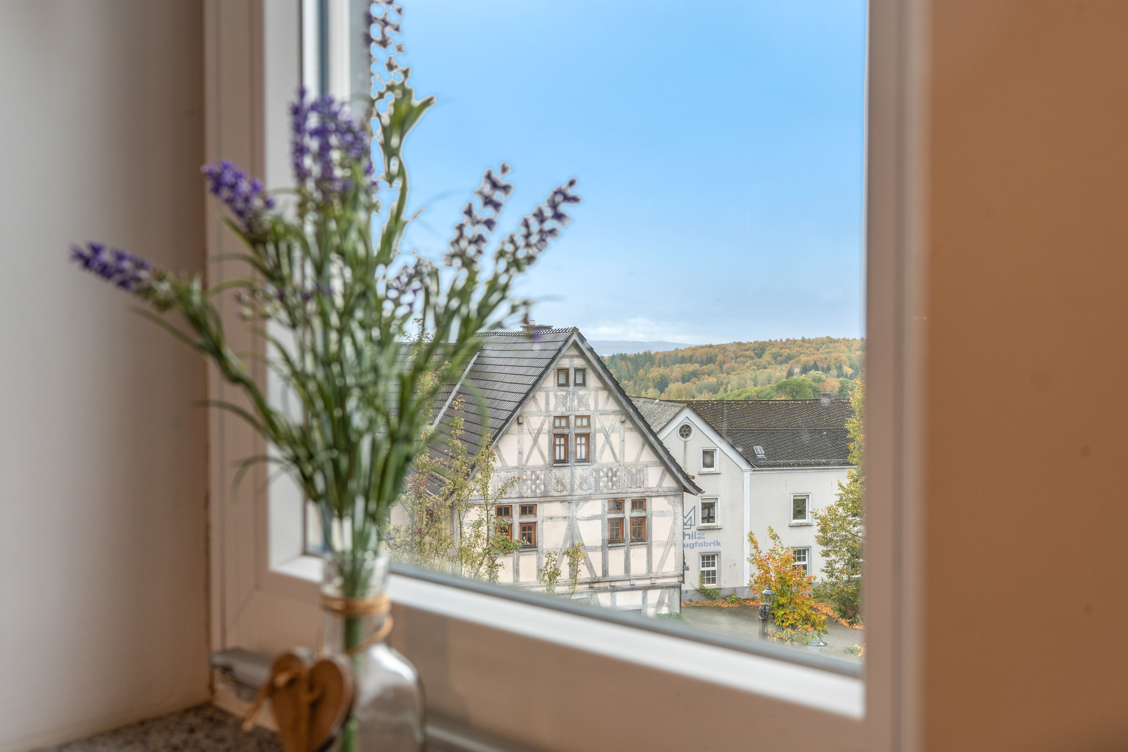 A window with a view of a traditional building and a vase with flowers.