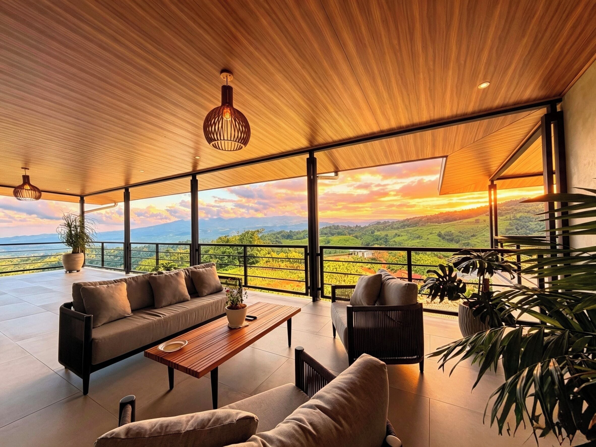 A spacious room with a large window offering a scenic view of a hilly landscape.