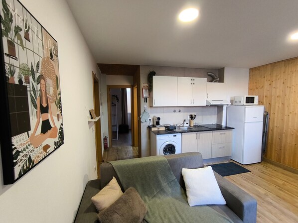 A modern apartment with a living room, kitchen, and laundry area.