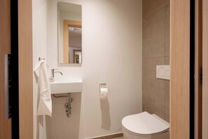 A bathroom with a white sink, a mirror, a toilet, and a towel rack. - Apartment Garnera 24 (Gaschurn)