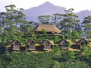 A cluster of traditional wooden houses with thatched roofs, surrounded by dense greenery and hills in the background. - 98 Acres Resort and Spa (Ella)