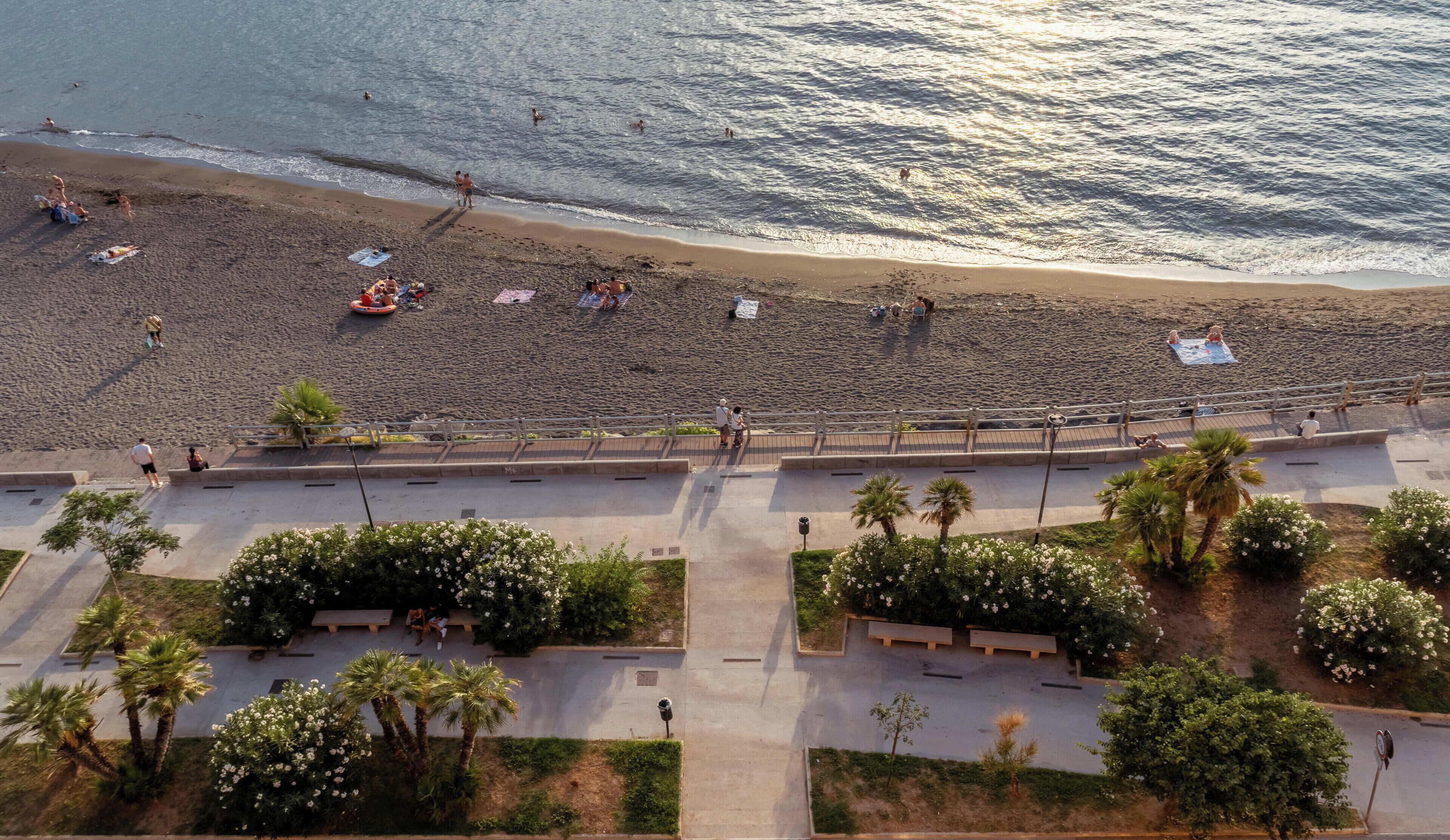 Una spiaggia con persone che nuotano e prendono il sole, un lungomare con panchine e palme.