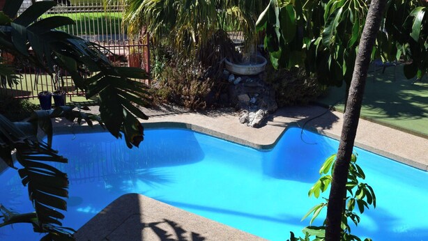 A swimming pool with a stone edge, surrounded by lush greenery and a metal fence. - Best Western Early Australian (Mildura)