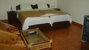 A hotel room with a double bed, a small bedside table, a water bottle, a remote control, a wicker chair, and a television. - Sunny Days Homestay Champakkulam (Kuttanad Taluk)