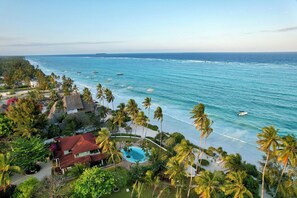 A coastal resort with a swimming pool, beachfront, and palm trees.