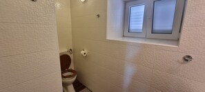 Ein Badezimmer mit Toilette, einem Fenster und einem Handtuchhalter.