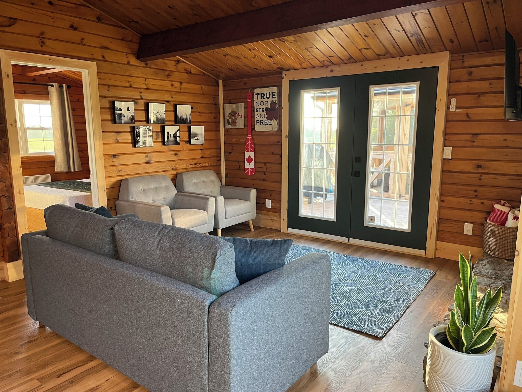 A cozy cabin interior with a grey sofa, two armchairs, a small table, and a potted plant.
