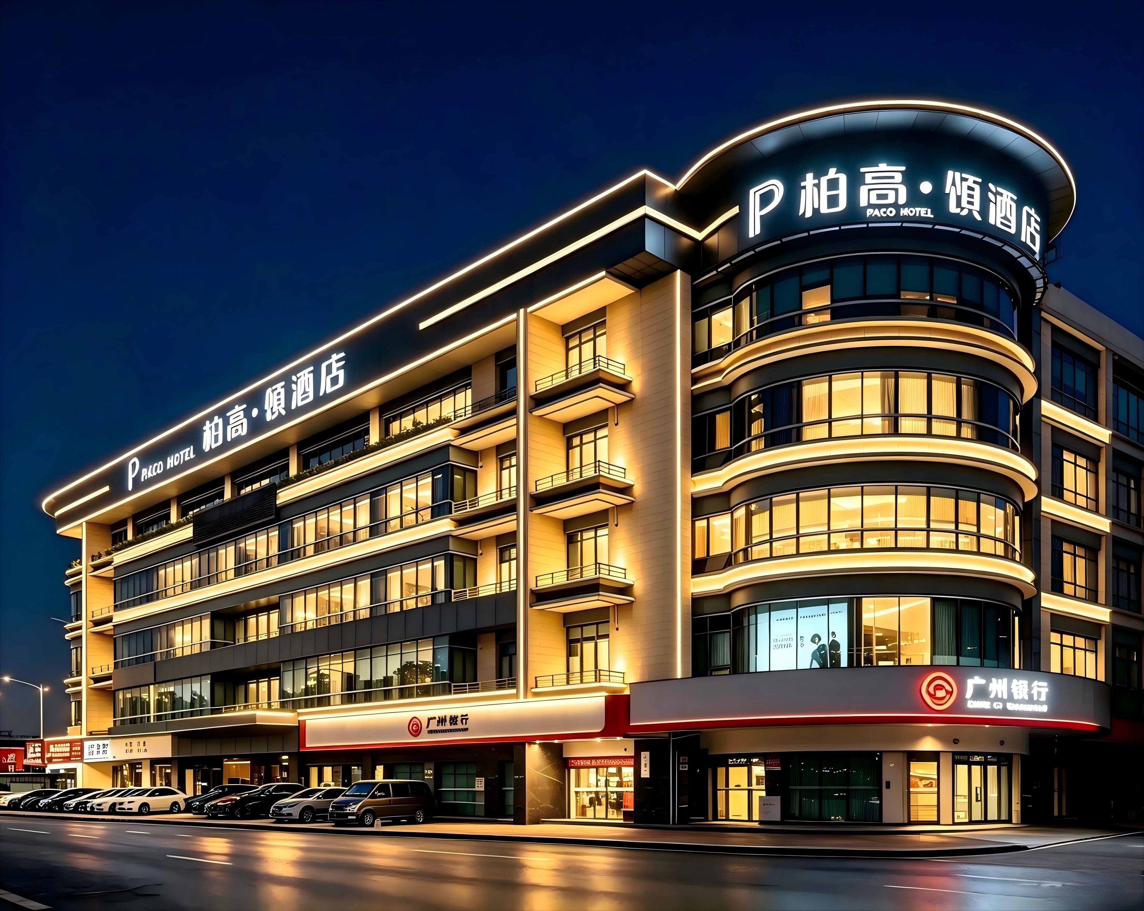 A multi-story hotel with a modern design, featuring balconies and a prominent signage for the hotel.