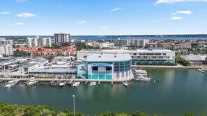 A marina with boats docked, a building with a blue and white color scheme, and a clear view of the surrounding cityscape. - Pelican Pointe  213:Walk to Beach~Pool~Free Parking (Clearwater Beach)
