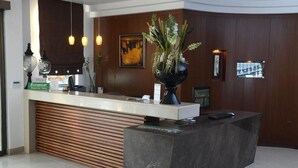A reception desk with a modern design, a potted plant, and a framed picture on the wall. - Bomo Danai Hotel (Katerini)