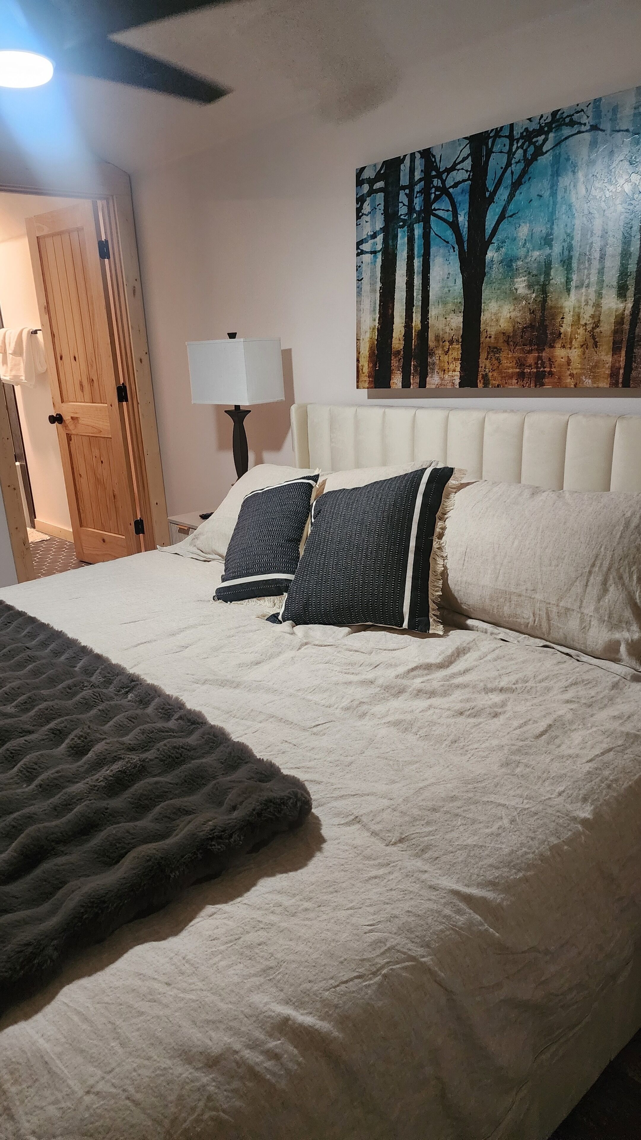 Un dormitorio con una cama, almohadas, una manta, un cuadro, una lámpara y una puerta de madera.