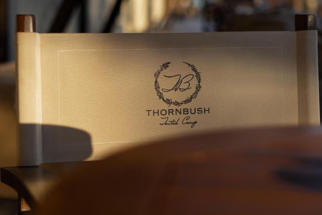 Una silla con funda de cuero y texto grabado 'THORNBUSH' y 'Tented Camp'.