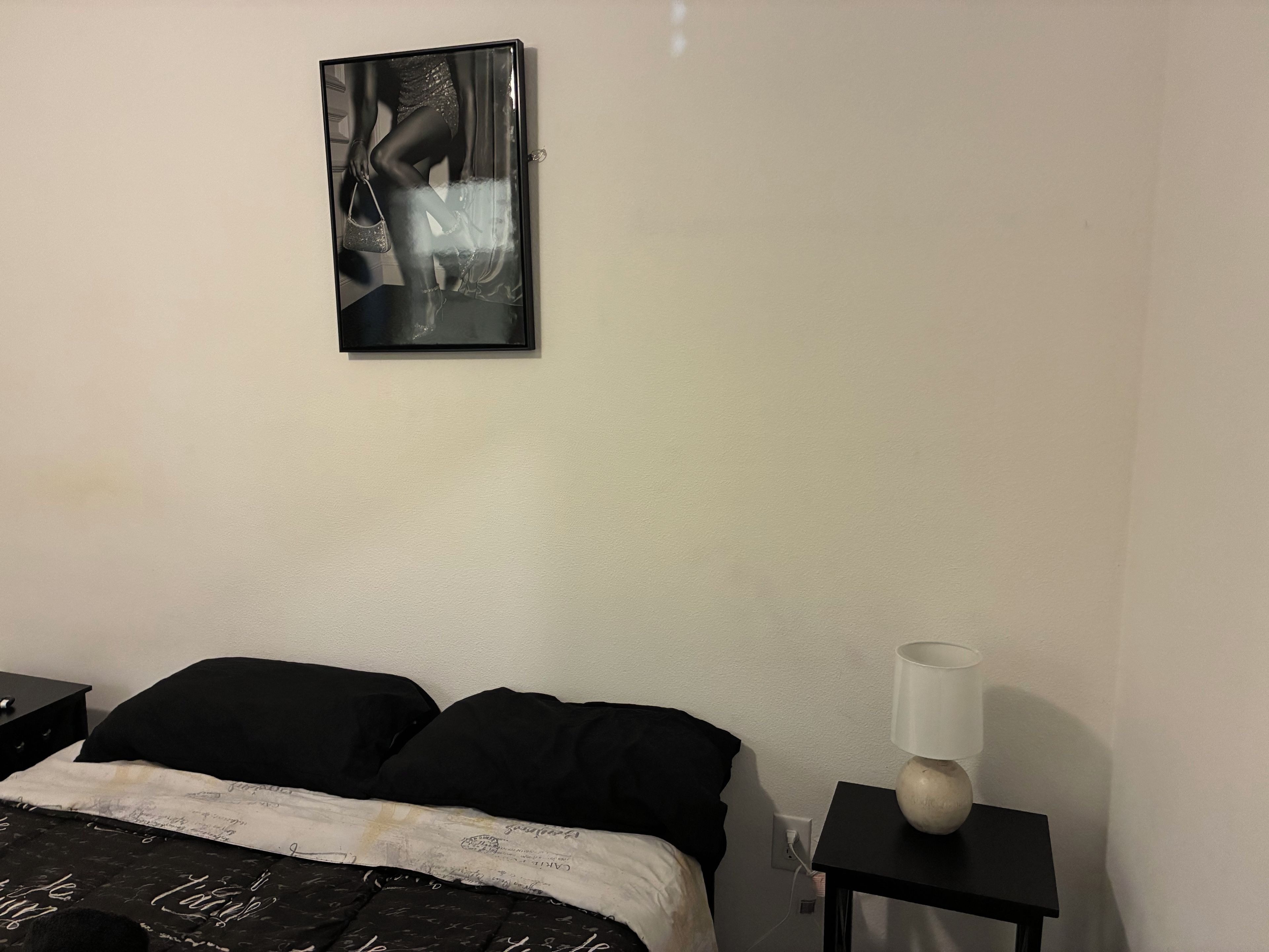 A bedroom with a bed, black pillows, a bedside table with a lamp, and a wall-mounted picture.