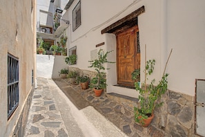 A narrow alleyway with white walls, wooden doors, and potted plants.