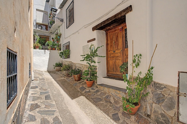 A narrow alleyway with white walls, wooden doors, and potted plants.