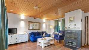 A living room with a fireplace, a television, and a sofa. - Comfortable holiday home with a fireplace (Bobolin)