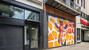 En byggnad med en stor väggmålning föreställande en giraff på sidan, en stängd entré med nedfällda luckor och ett Walgreens-apotek på andra sidan gatan.