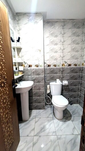 Douche, serviettes fournies, papier toilette