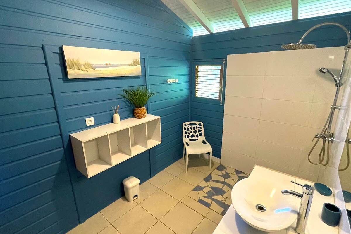 A bathroom with a blue wall, a white sink, a shower, a white chair, and a shelf with a plant.