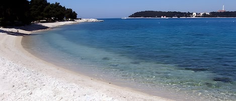A beach with clear water, sandy shore, and a forested island in the distance.