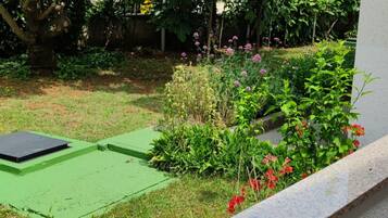 A view of a garden with a green lawn, a variety of plants, and a small structure.