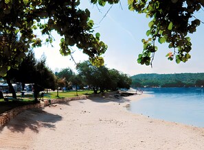Ein Strand mit einer Steinmauer, Bäumen und freiem Blick auf das Wasser.