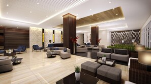 A modern lobby with a mix of seating areas, a reception desk, and a decorative wall with geometric patterns. - Fully furnished cozy 1-bedroom condo unit with AC for a staycation in Pasay City (Pasay City)