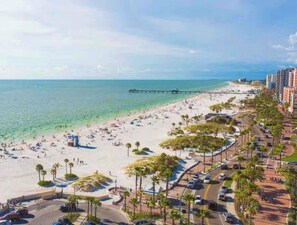 A coastal cityscape with a beach, a pier, and high-rise buildings. - My Lily Apartment 8 Min Stadium 10 Airport 12 Zoo (Tampa)