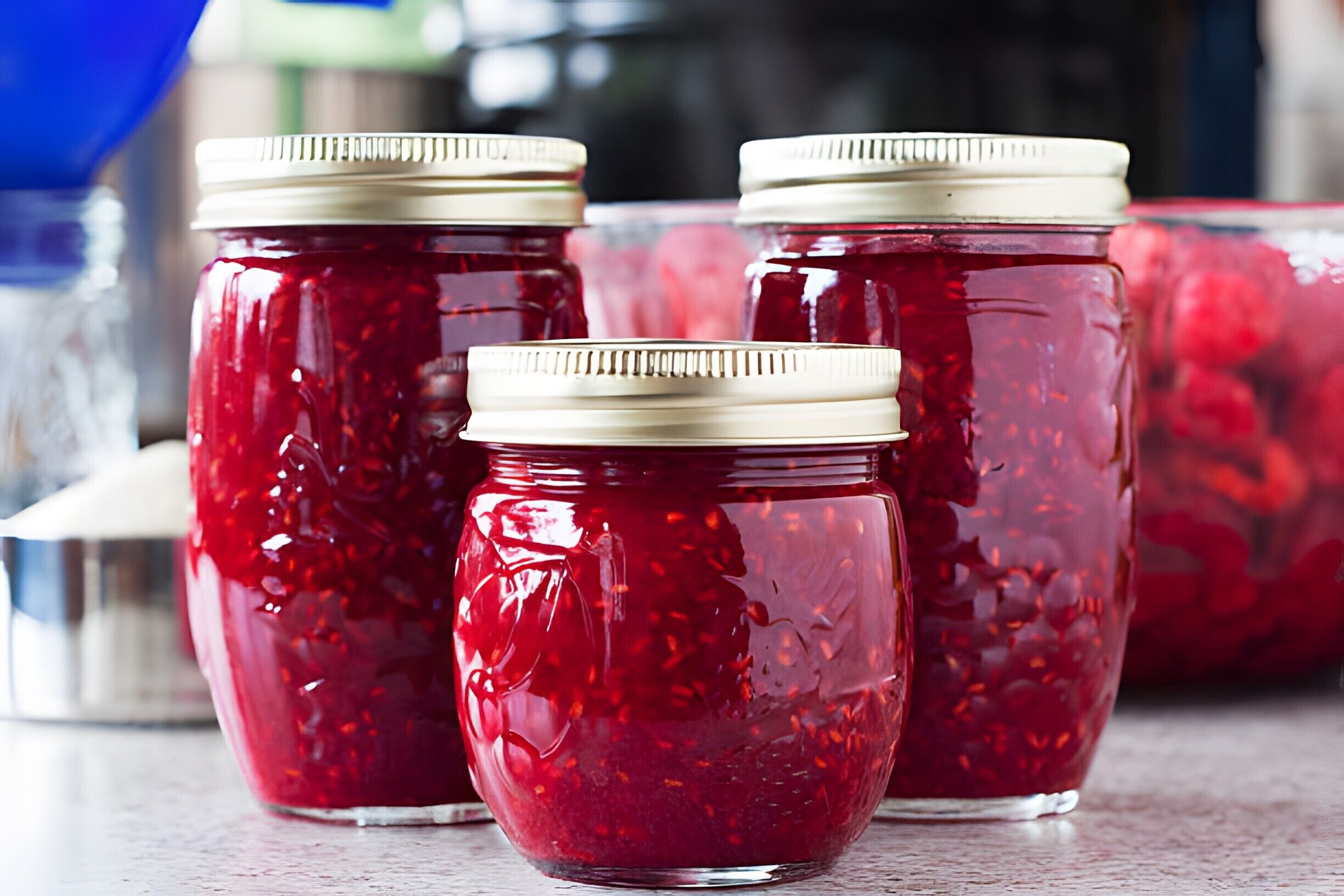 Trois pots en verre avec des couvercles en métal, contenant une substance rouge, probablement de la confiture ou des conserves, posés sur une surface en bois.