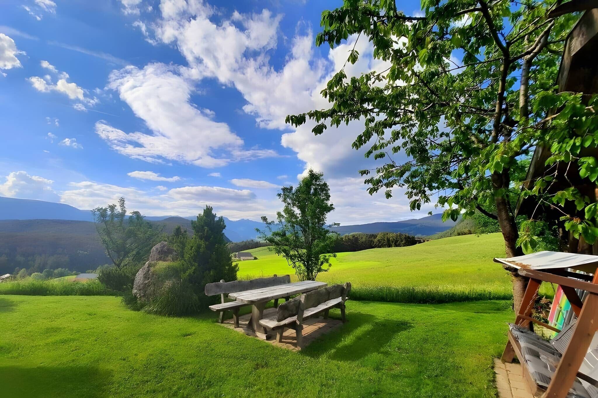A picnic table in a grassy field with a mountain view in the background.